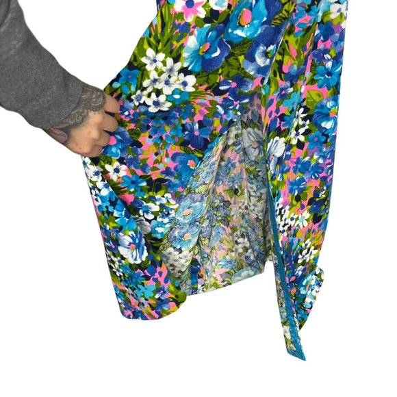 Vintage 60s Handmade Barkcloth Blue Floral Short Sleeve Full Length Dress Medium - Picture 3 of 9